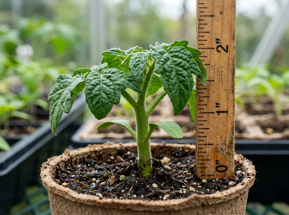Stocky 14-day-old Orange Hat tomato seedling showing thick stem and dark green rugose true leaves beside a ruler