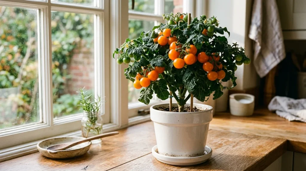 Mature Orange Hat micro dwarf tomato plant loaded with ripe orange fruit in a ceramic pot on a sunny windowsill