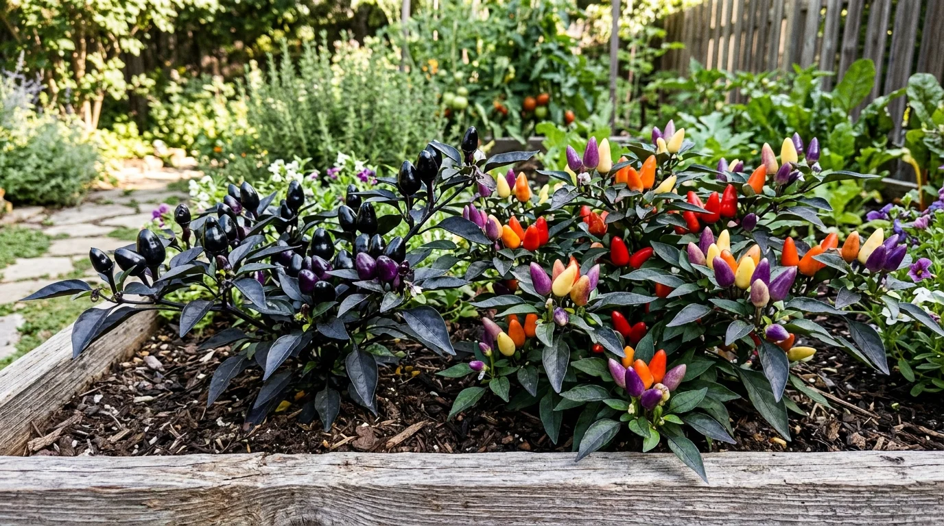 Ornamental pepper cultivars Black Pearl with deep purple foliage and Bolivian Rainbow with colorful upright fruit