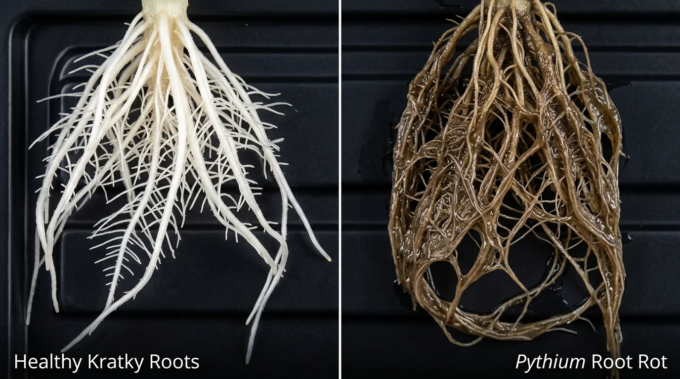 Diagnostic comparison between firm bright white healthy plant roots and brown slimy waterlogged root rot
