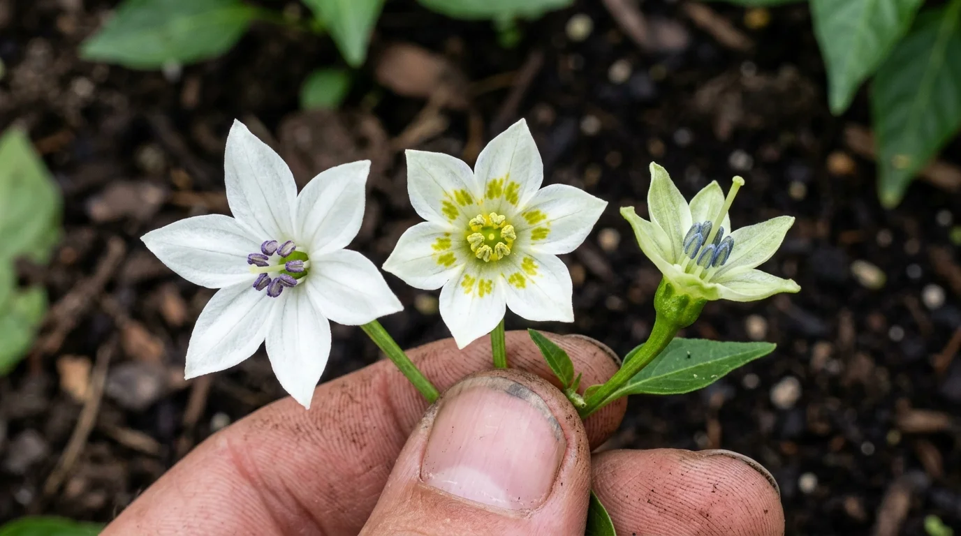 Botanical macro comparison of pepper flowers: C. annuum white petals, C. baccatum green spots, and C. chinense flower cluster