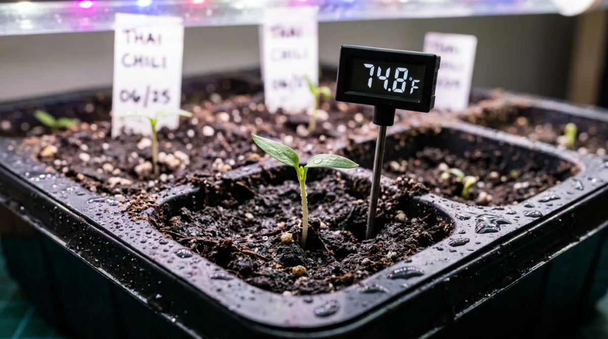 Vibrant young pepper seedlings emerging under grow light on thermostatically controlled seedling heat mat