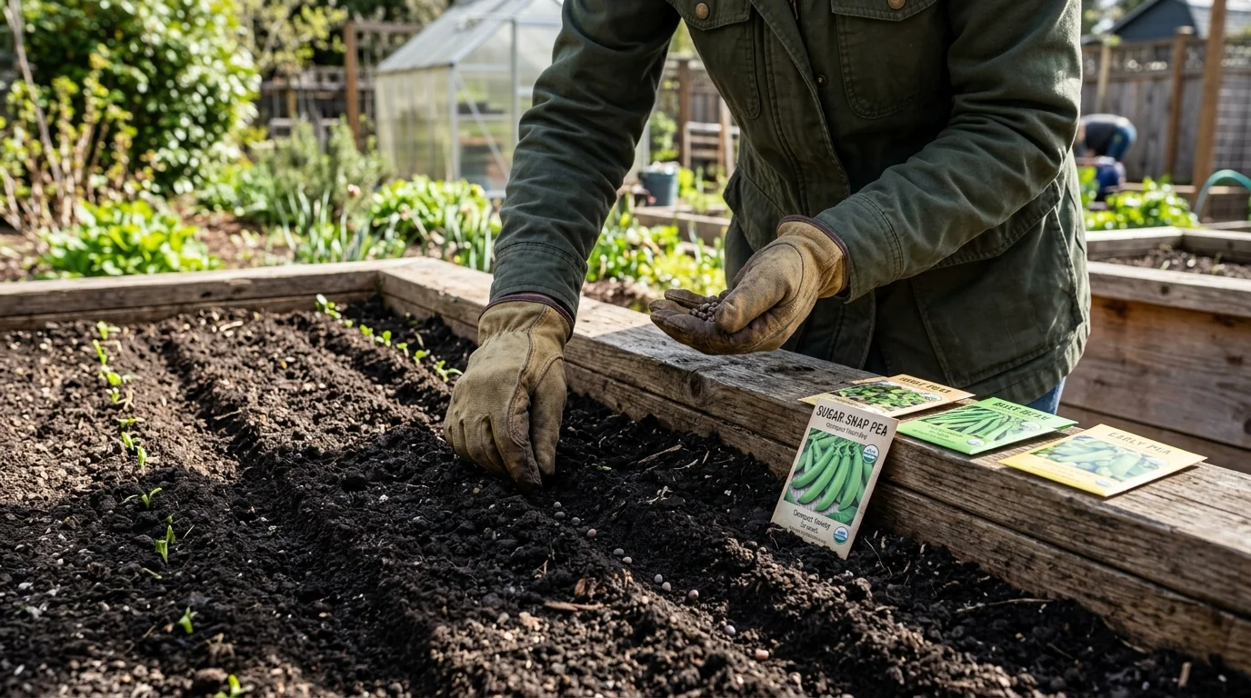 Gardener hands planting compact sugar snap pea seeds into raised garden bed furrow with Pinetree Garden Seeds envelopes
