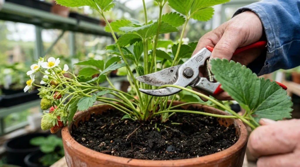 Pruning vegetative strawberry runner stolon at the crown base to maximize berry size and yield