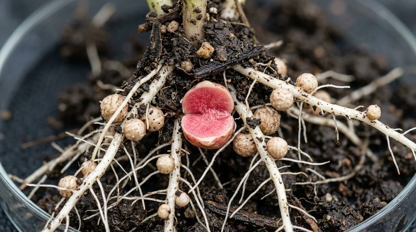 Macro botanical photograph of Rhizobium nitrogen fixing root nodules on bean root showing pink leghaemoglobin interior