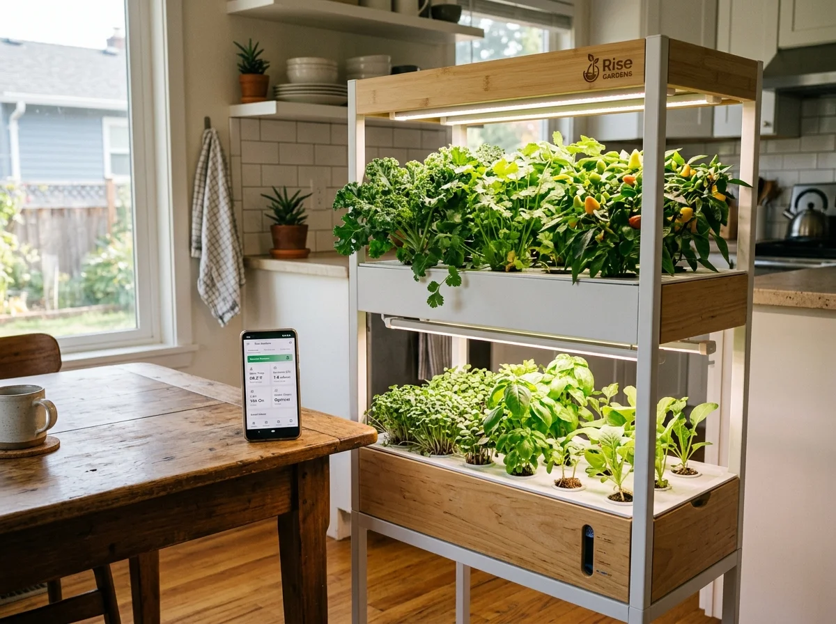 Rise Gardens two-tier hydroponic stand with wood accents and companion mobile app tracking nutrient levels