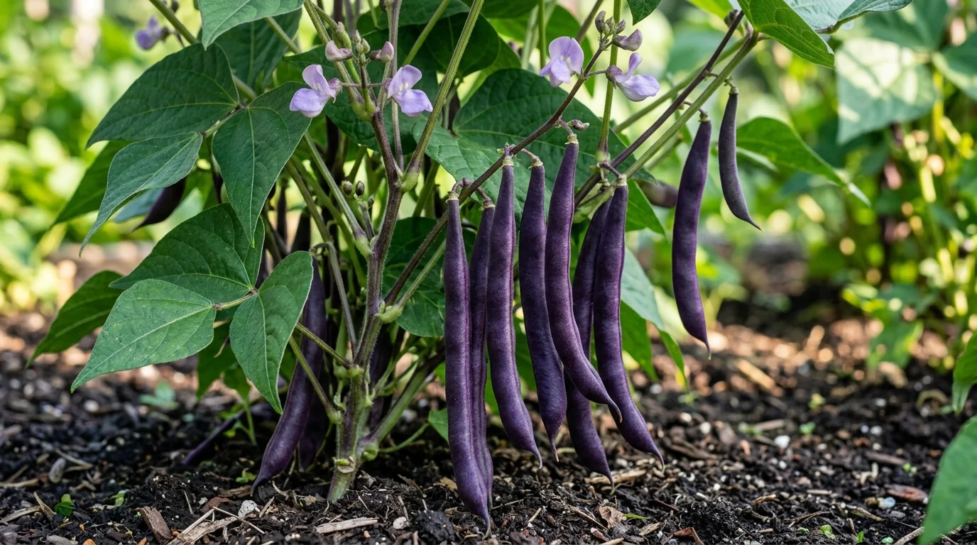 Close up of Royal Burgundy bush bean plant showing velvety deep purple pods and green leaves in garden bed
