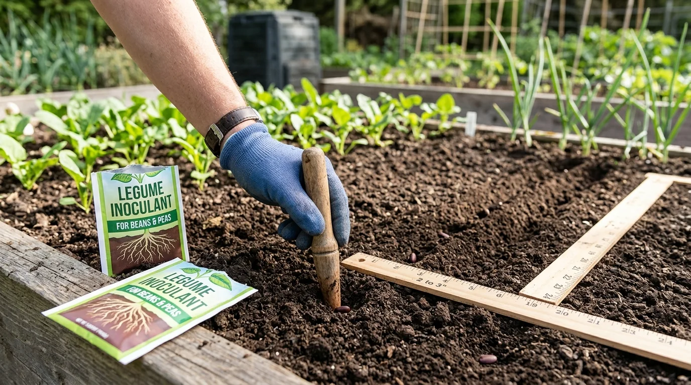 Gardening instructional photo showing direct sowing of bean seeds one inch deep with spacing ruler and inoculant