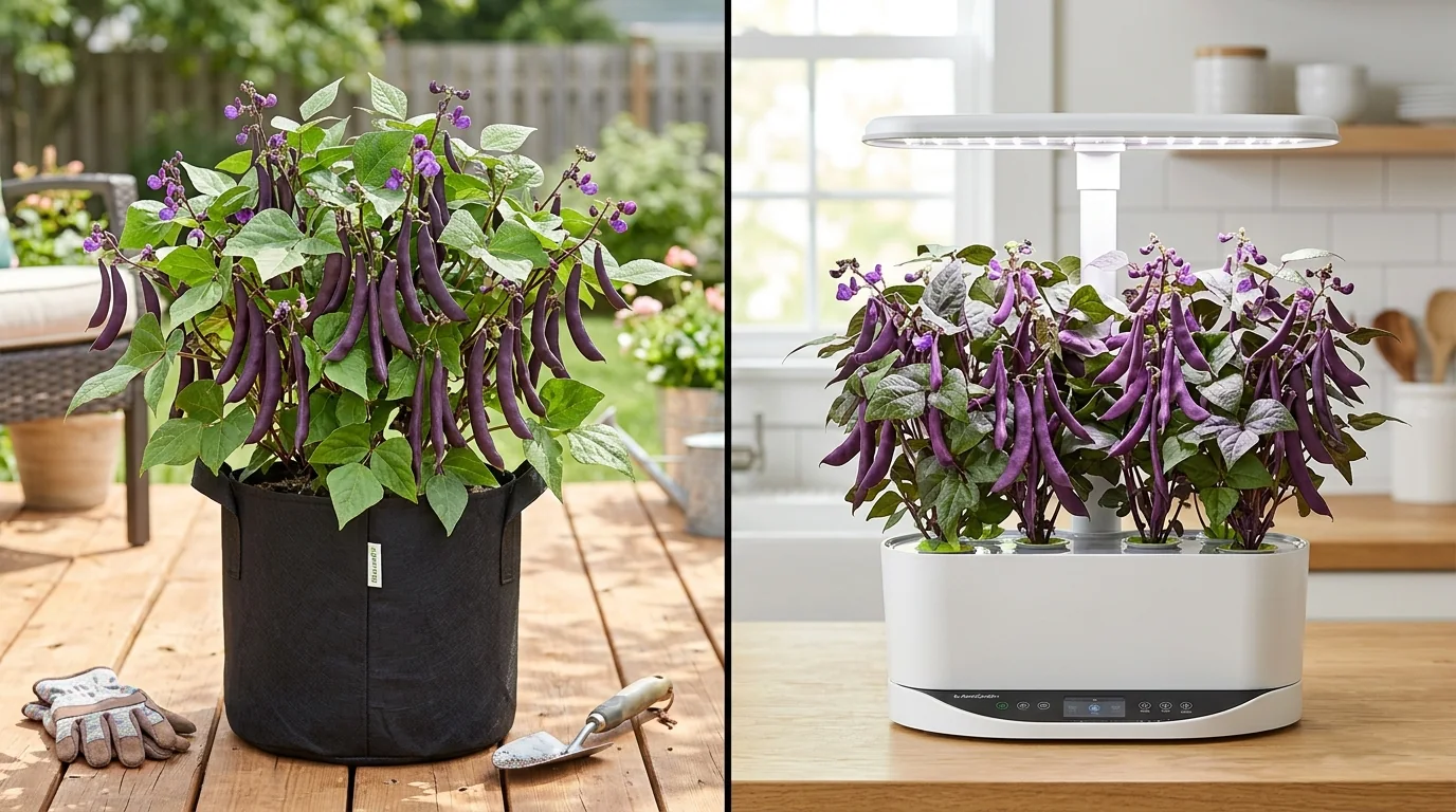 Side by side comparison of Royal Burgundy bush beans growing in patio fabric pot and indoor countertop hydroponic system