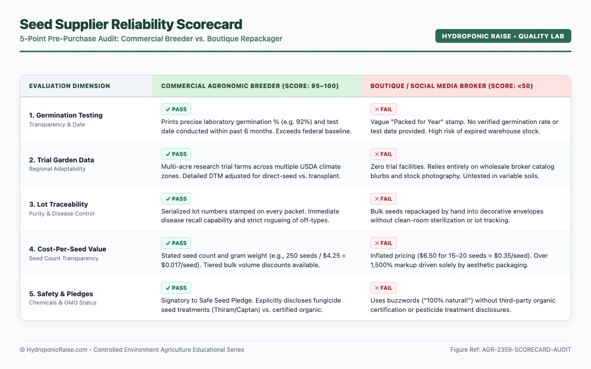 5-point seed supplier reliability scorecard comparing commercial agronomic breeders against boutique repackagers