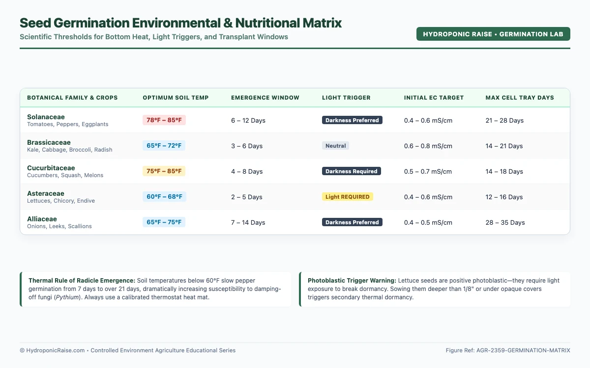 Vegetable seed germination environmental matrix listing optimal soil temperatures, emergence windows, and light triggers