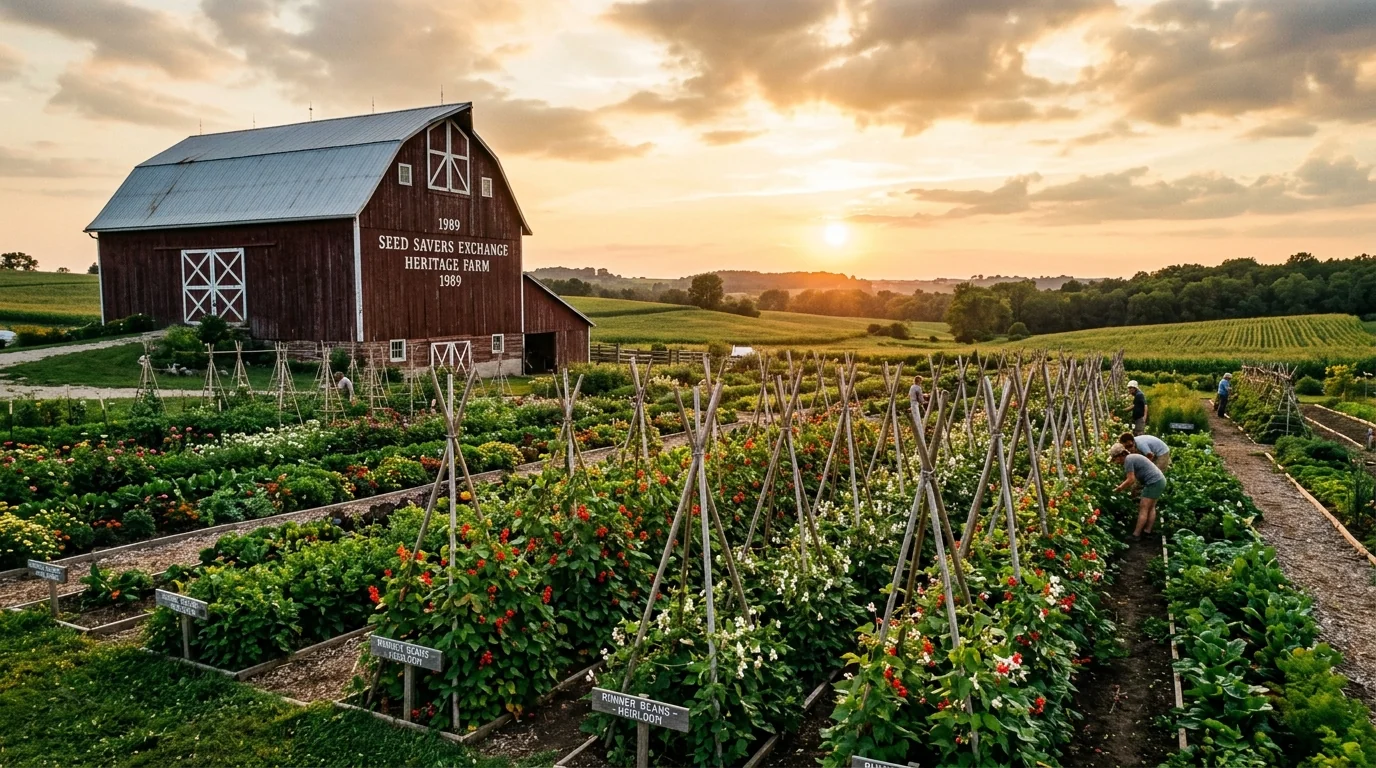 Historic red preservation barn and heirloom trial gardens at Seed Savers Exchange Heritage Farm in Decorah, Iowa