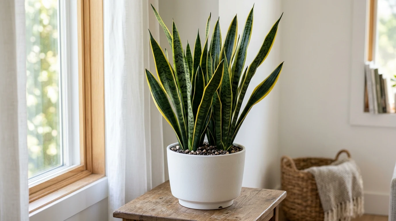 Mature Laurentii snake plant with yellow margins in modern ceramic pot