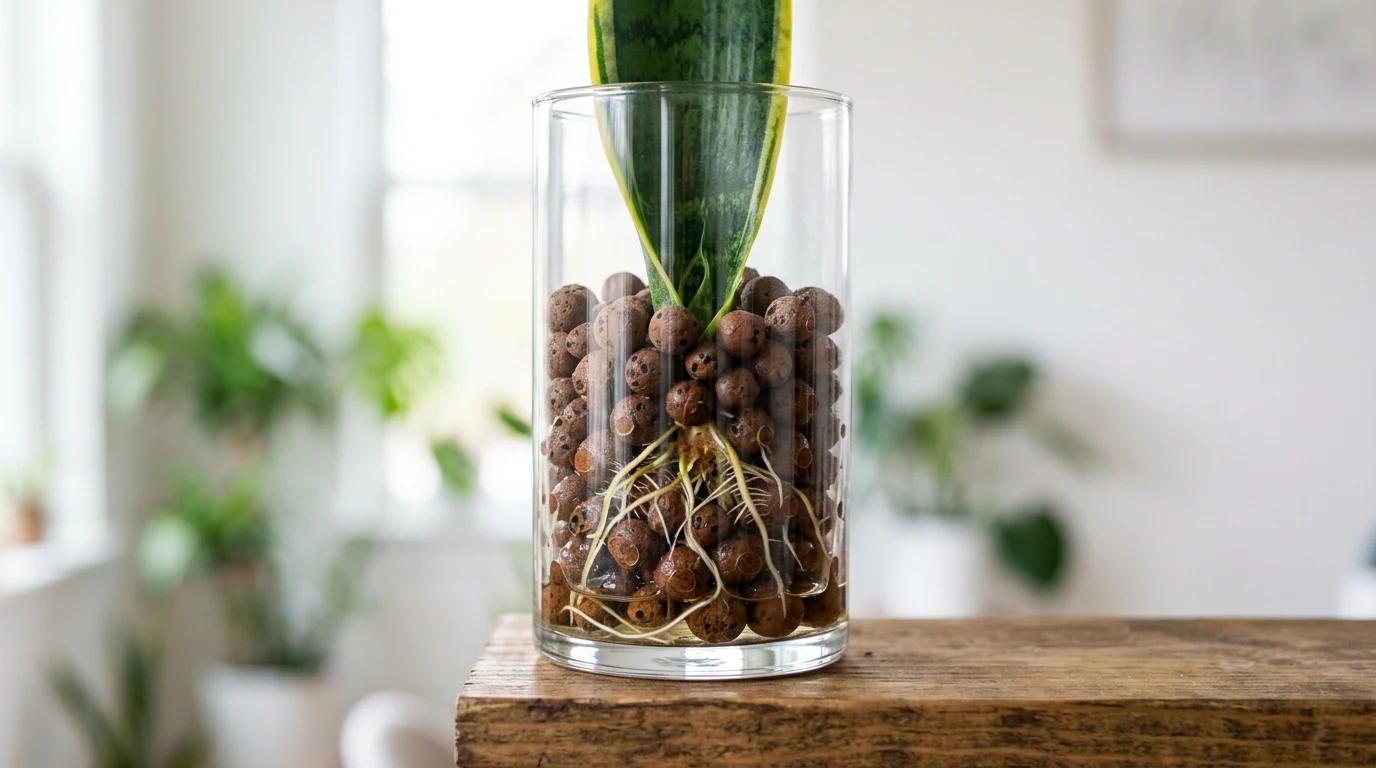 Snake plant cutting rooted in LECA expanded clay pebbles and glass cylinder vase with white hydroponic roots