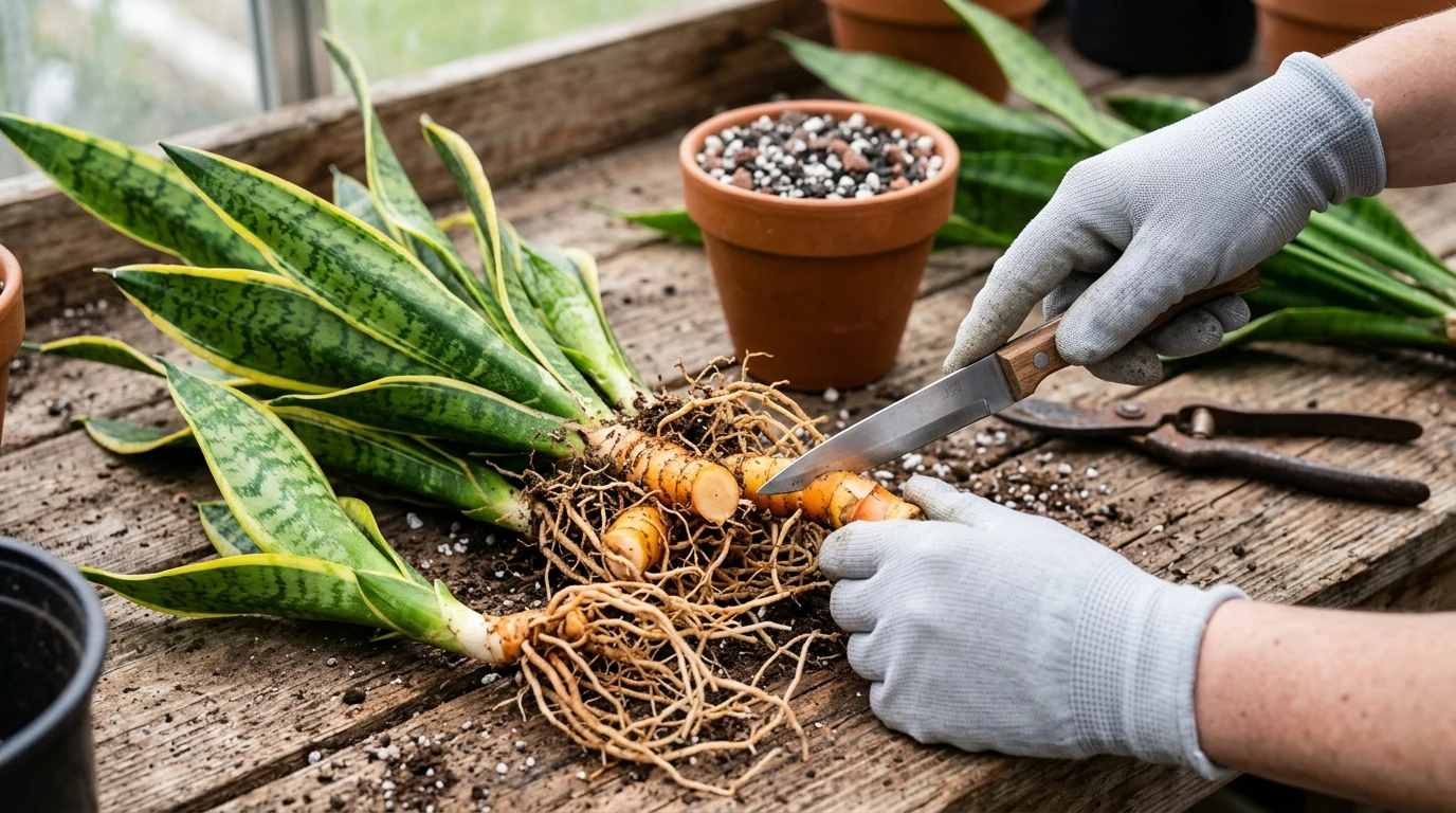 Unpotted snake plant root ball showing thick orange rhizome being severed with pruning knife