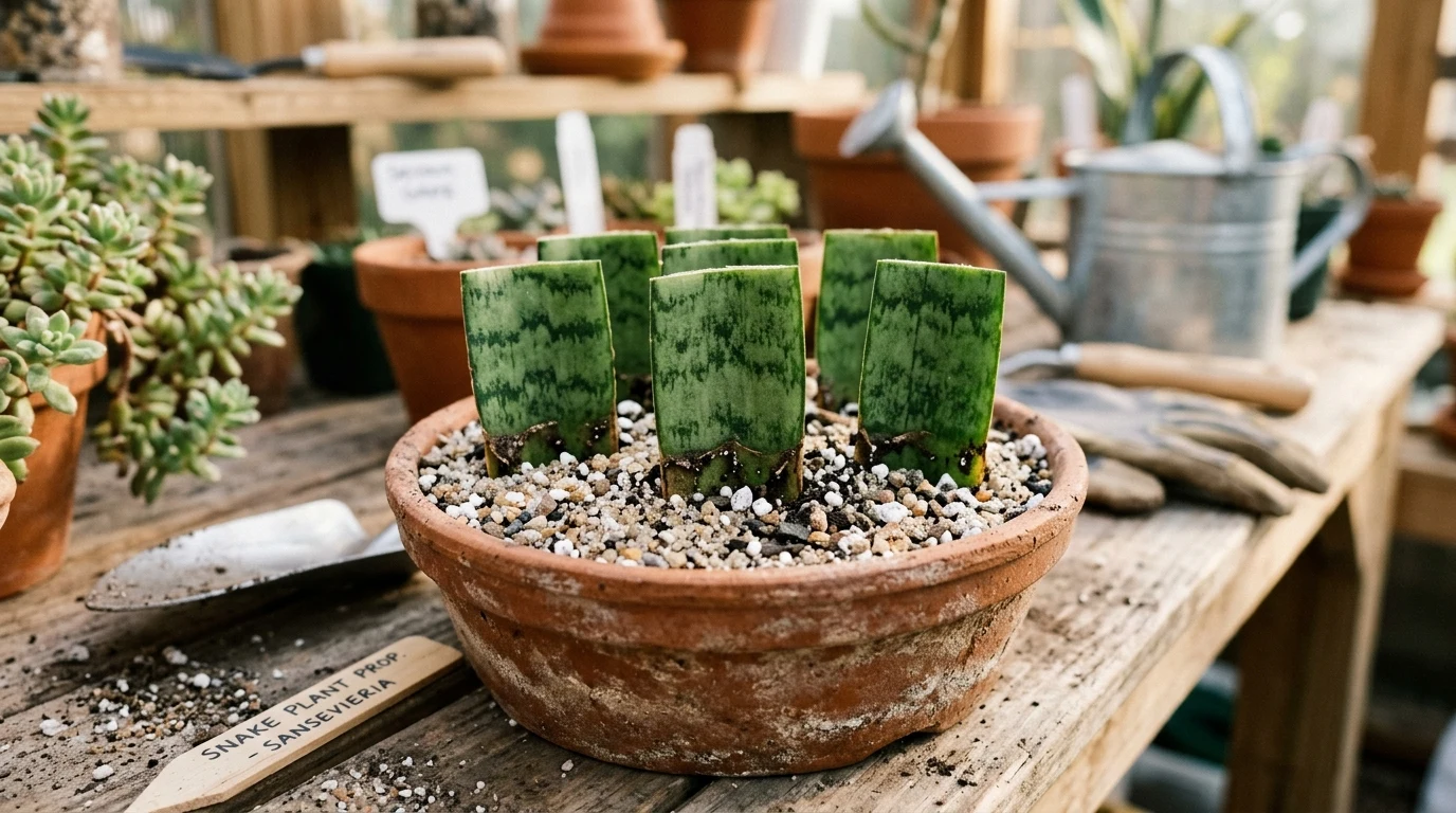Upright callused snake plant leaf cuttings planted in terracotta container with gritty perlite mix