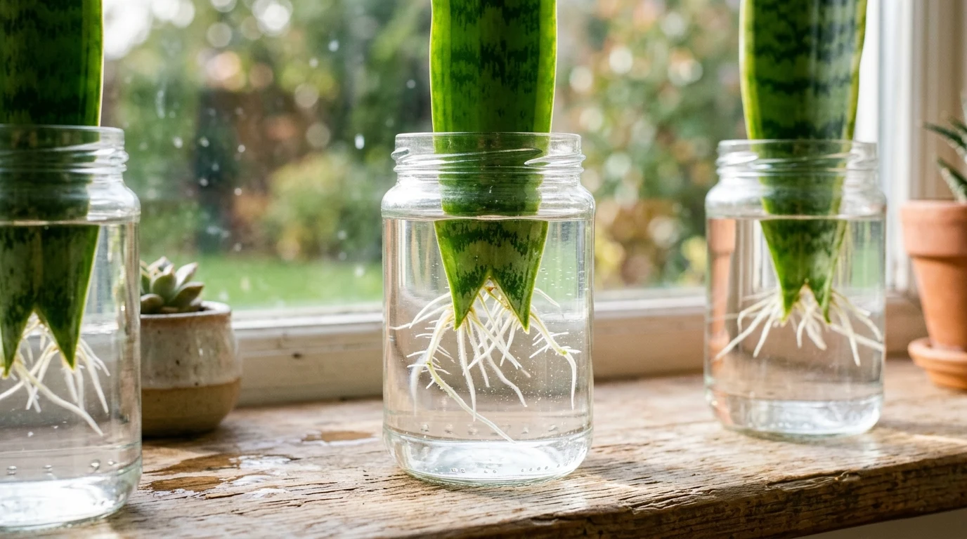 Snake plant leaf cutting in glass jar with inverted chevron cut and healthy white adventitious roots
