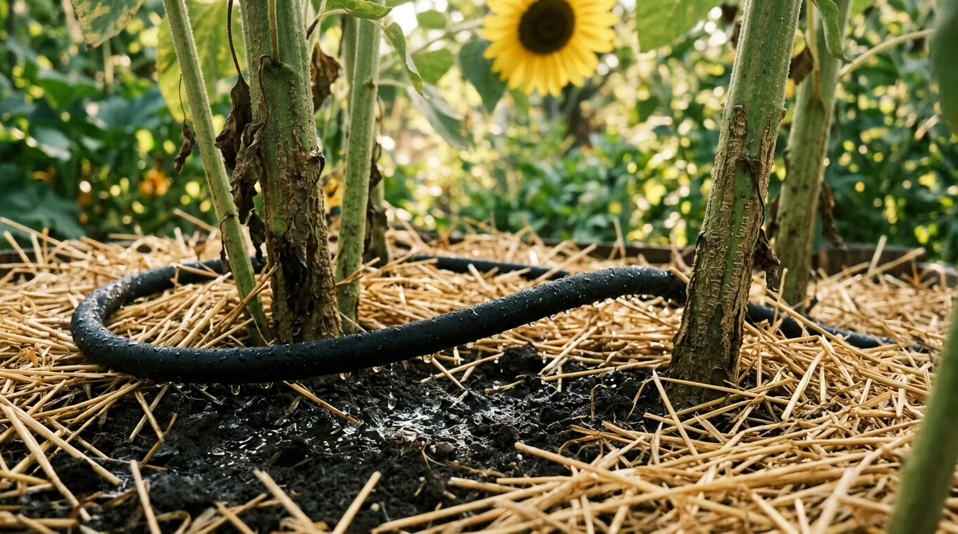 Close up of porous soaker hose delivering base drip irrigation under straw mulch for optimal sunflower watering