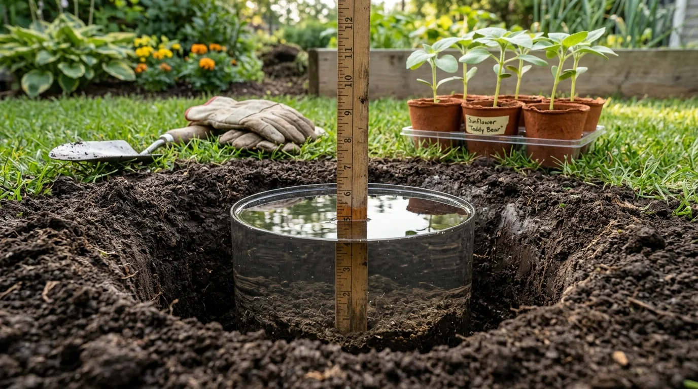 Soil drainage percolation test hole measuring water infiltration to calculate how often to water sunflowers