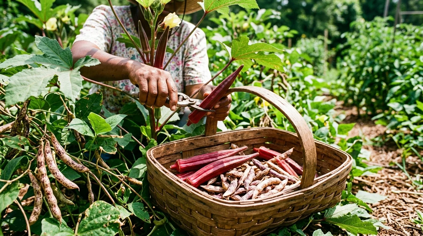 Crimson okra pods and speckled cowpea seed pods harvested in a split-oak basket for Southern Exposure Seed Exchange