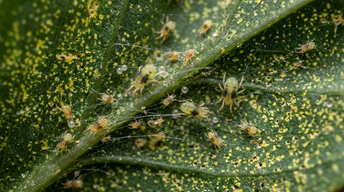 Extreme macro of two-spotted spider mites Tetranychus urticae spinning silken webs on leaf underside with yellow feeding punctures