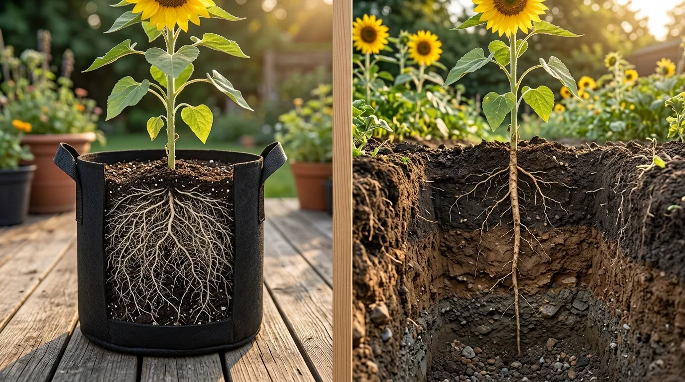Side by side diagram comparing root growth and how often to water sunflowers in pots versus in ground garden soil