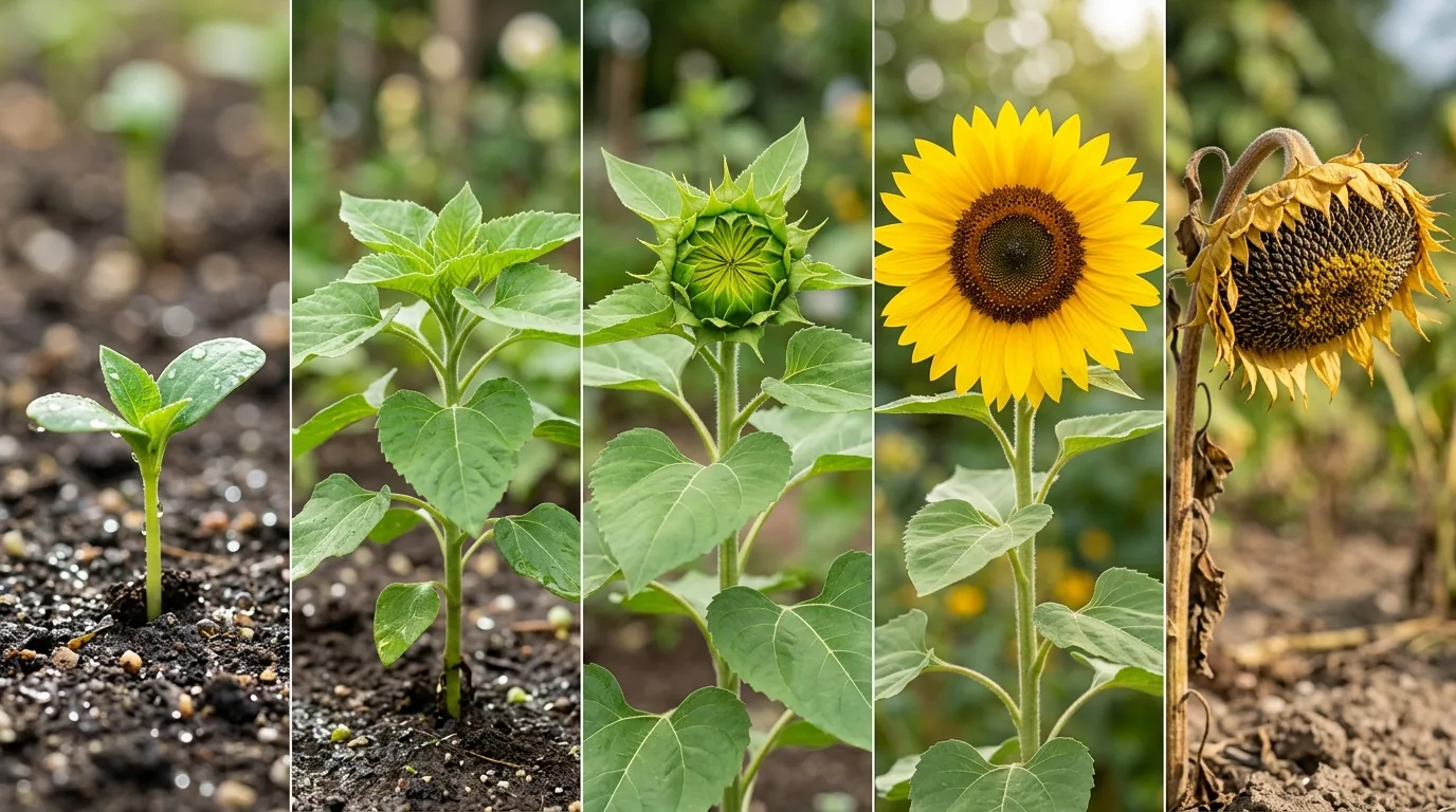 Step by step visual sequence explaining how often to water sunflowers from seedling sprout to bloom and seed maturation