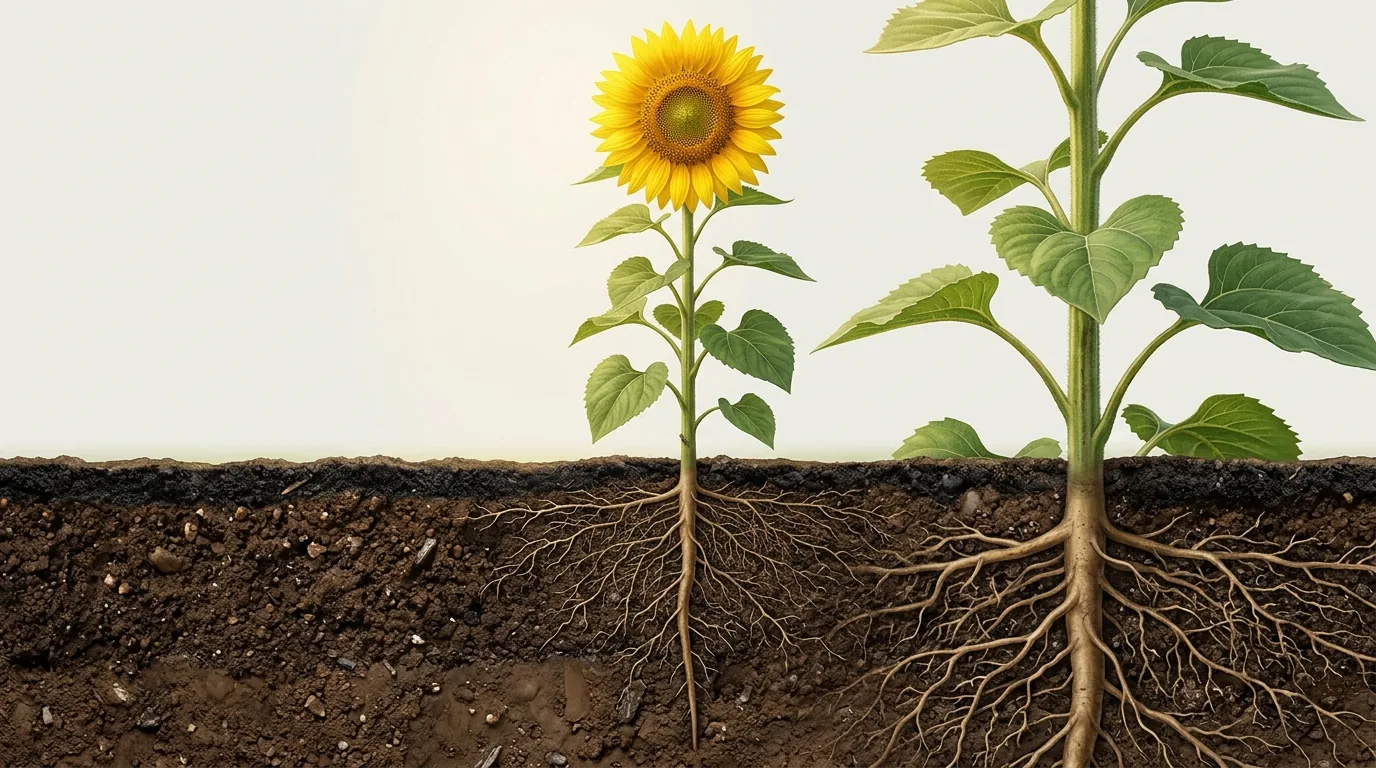 Botanical cross section diagram showing how often to water sunflowers and subterranean taproot depth in garden soil