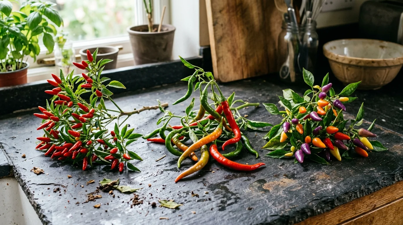 Three varieties of Thai chili pepper branches demonstrating how to grow a thai pepper plant in containers