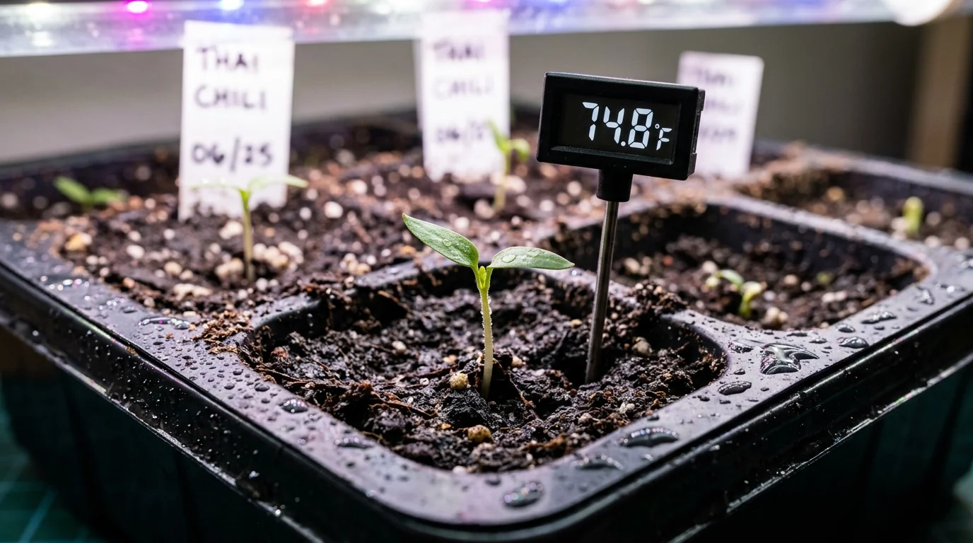 Sprouting Thai chili pepper seedlings in cell trays on a thermostatically controlled seedling heat mat at 85 degrees Fahrenheit