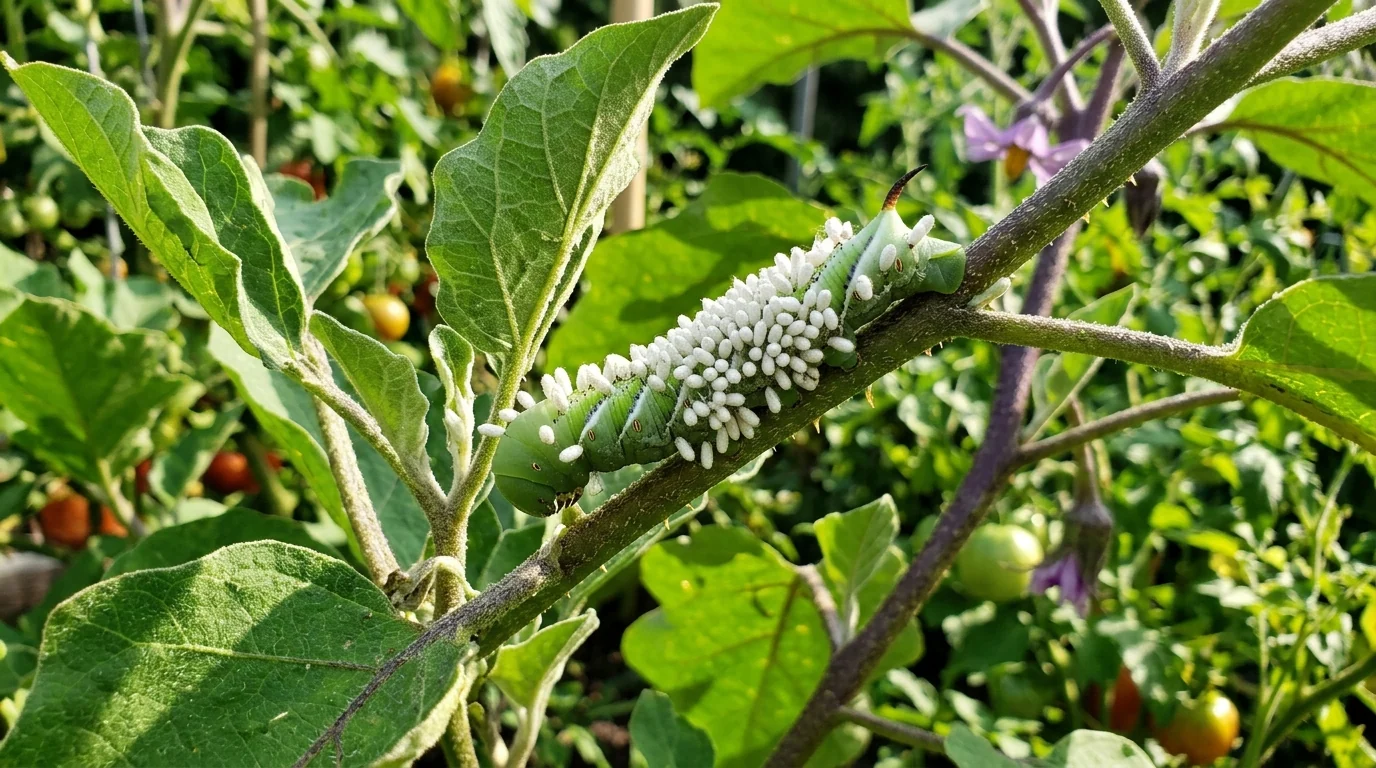 Large green tomato hornworm on eggplant foliage covered in dozens of white silken cocoons of beneficial Braconid parasitic wasps