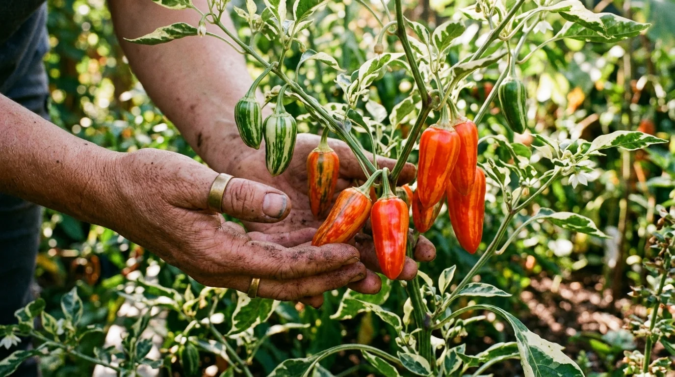 Variegated white-and-green striped heirloom Fish Peppers ripening to vibrant orange-red from True Love Seeds