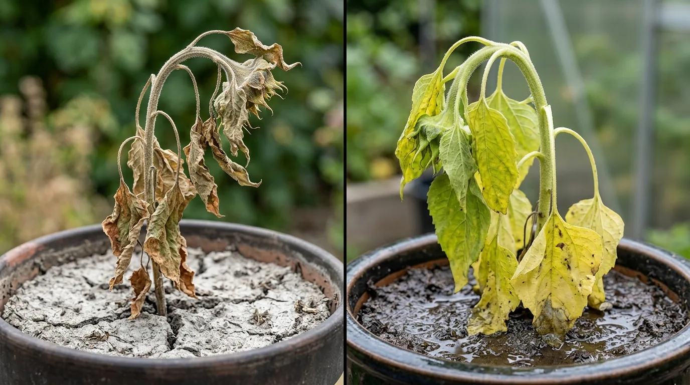 Visual diagnostic comparison showing underwatered crispy sunflower leaves versus overwatered limp yellow foliage