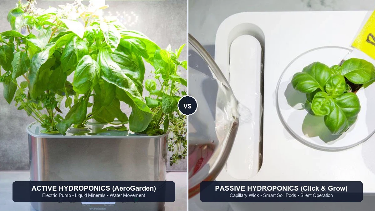 Active vs passive indoor hydroponics comparison: AeroGarden active water circulation pump vs Click and Grow passive capillary wick smart soil pods
