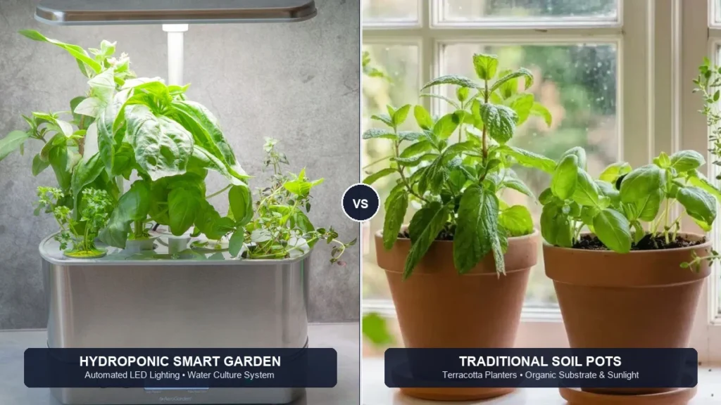 Best indoor herb garden setups real comparison between automated hydroponic smart garden and traditional soil pots