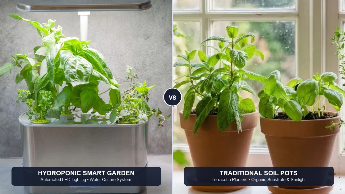 Best indoor herb garden setups: real side-by-side product comparison of automated hydroponic smart garden and terracotta soil herb containers