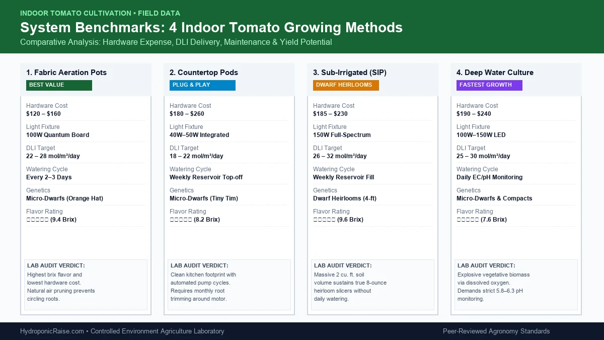 How to grow tomatoes indoors: 4 primary cultivation methods compared side by side including fabric pots, countertop pods, EarthBox, and DWC hydroponics