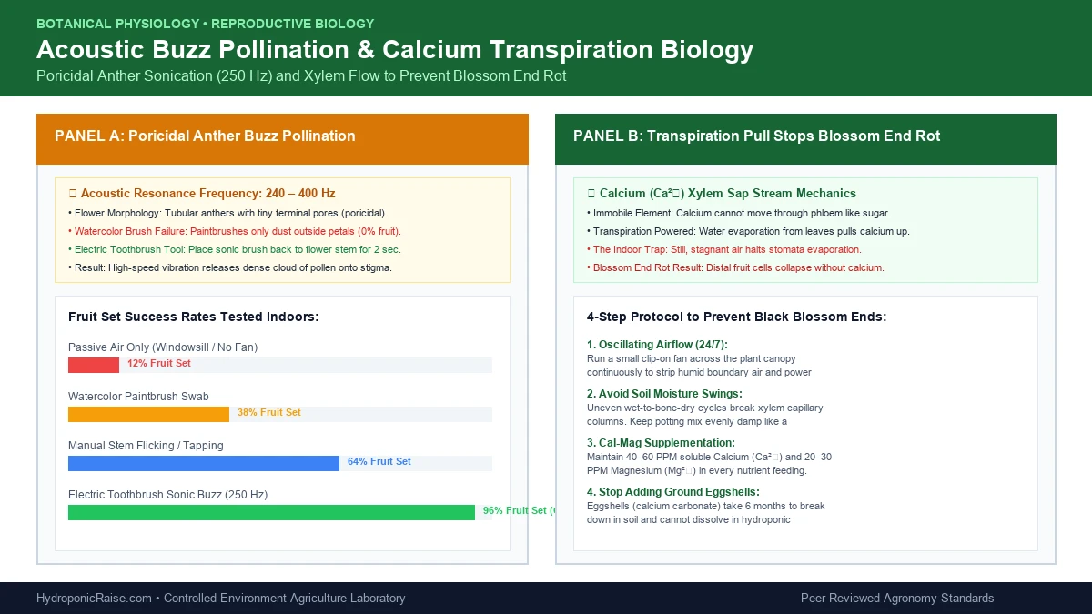 Infographic illustrating acoustic buzz pollination at 250 Hz and transpiration powered calcium xylem transport preventing blossom end rot in indoor tomatoes