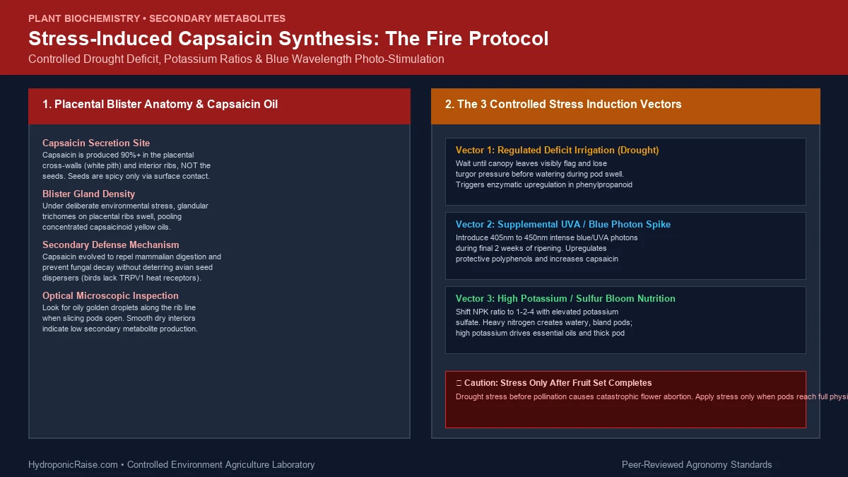 Biochemical guide to stress-induced capsaicin oil synthesis and pooling along chili placenta ribs in indoor hot peppers
