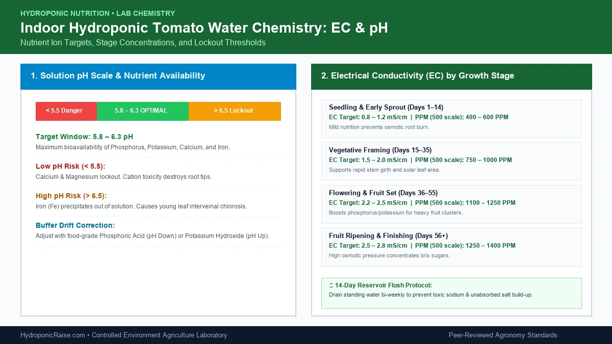 Digital EC meter and pH pen testing hydroponic tomato nutrient solution with target ranges for vegetative and fruiting phases