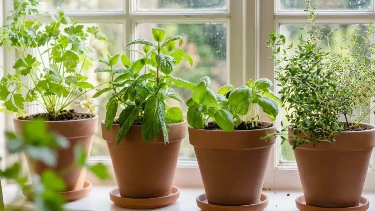 Real potted indoor herbs including basil, mint, parsley, and thyme growing in porous terracotta containers on a sunny windowsill